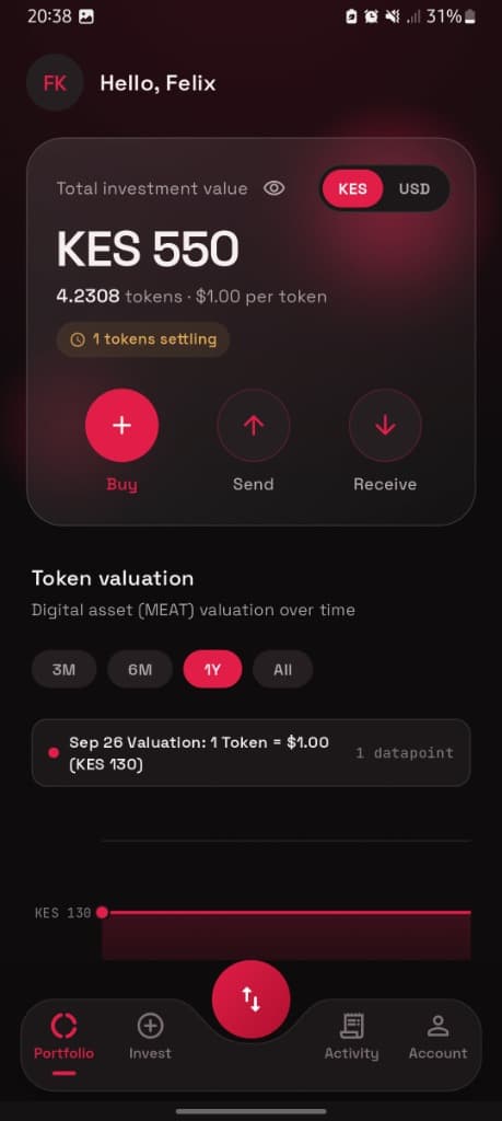 Meatsoko tokenized equity mobile app dashboard showing Hedera integration and live asset valuation