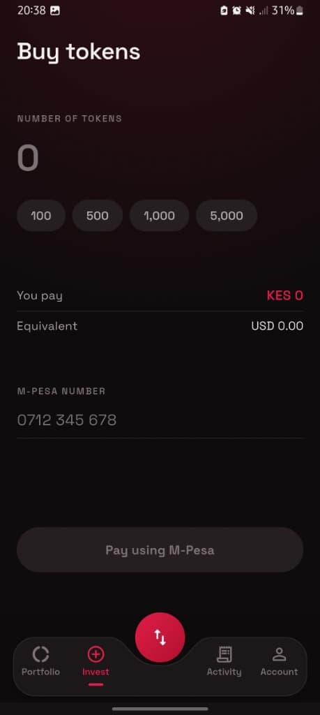 Meatsoko mobile app investment interface with M-Pesa mobile money fiat-to-token on-ramp