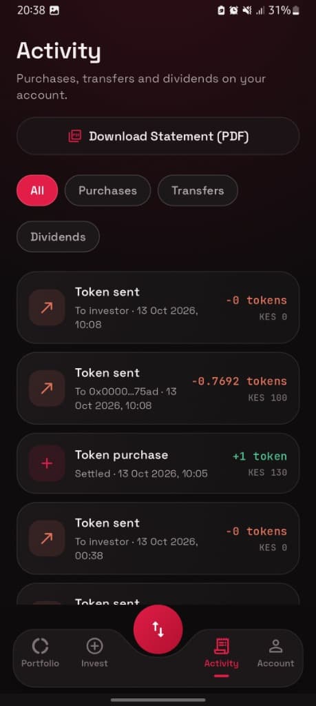 Meatsoko on-chain transaction history interface tracking transfers and automated dividend distribution