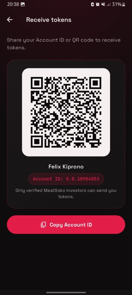 Meatsoko investor identity screen featuring KYC-verified wallet and encrypted QR settlement code